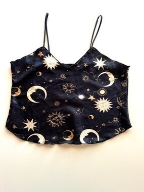 Vintage Style Celestial Moon & Sun Print Camisole Satin Spaghetti Strap Cropped